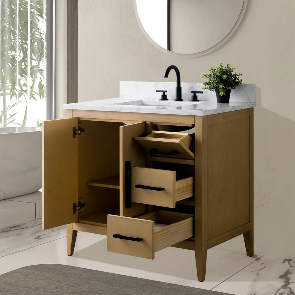 Vanity Art 36 in. W x 22 in. D x 34 in. H Single-Sink Bathroom Vanity in Natural Oak with Engineered Marble Top in Arabescato White, photo 4 of 9