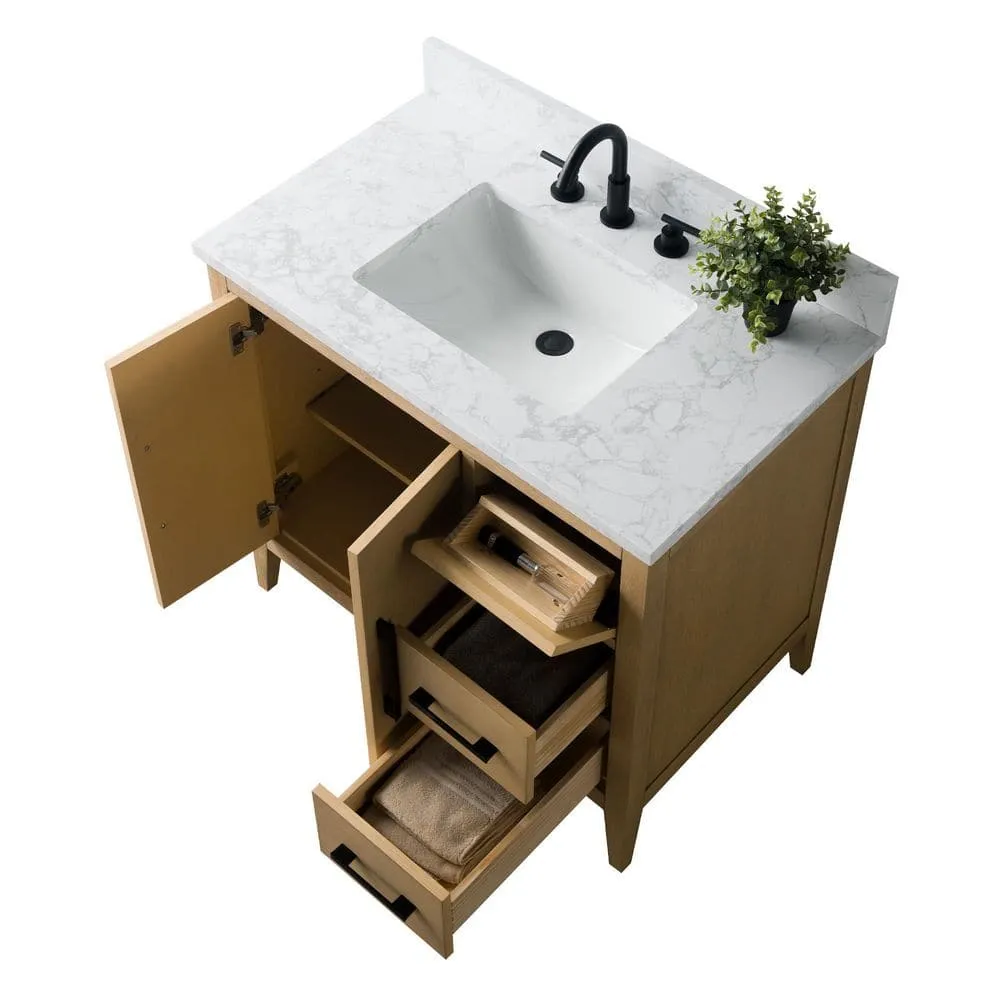 Vanity Art 36 in. W x 22 in. D x 34 in. H Single-Sink Bathroom Vanity in Natural Oak with Engineered Marble Top in Arabescato White, photo 9 of 9