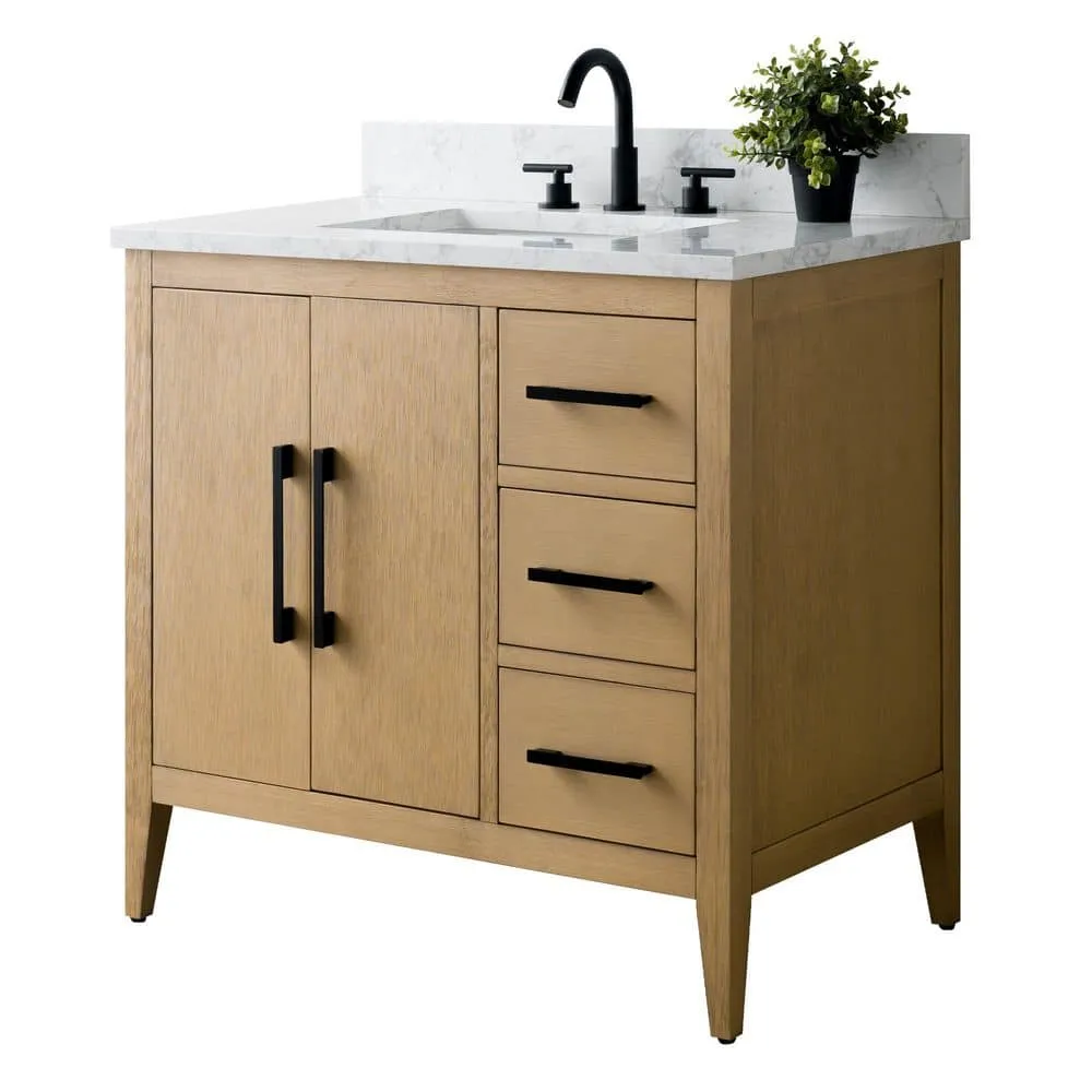 Vanity Art 36 in. W x 22 in. D x 34 in. H Single-Sink Bathroom Vanity in Natural Oak with Engineered Marble Top in Arabescato White, photo 7 of 9