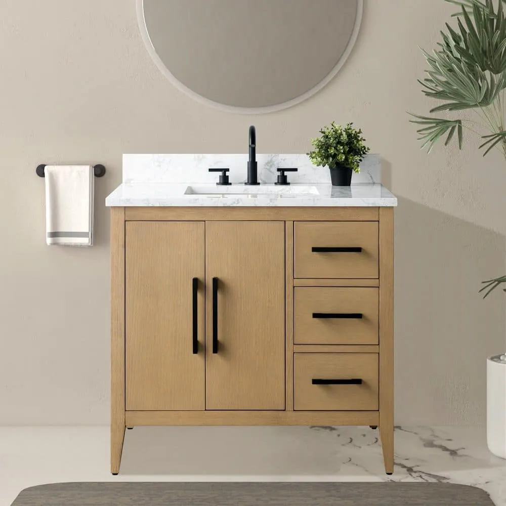 Vanity Art 36 in. W x 22 in. D x 34 in. H Single-Sink Bathroom Vanity in Natural Oak with Engineered Marble Top in Arabescato White, photo 2 of 9