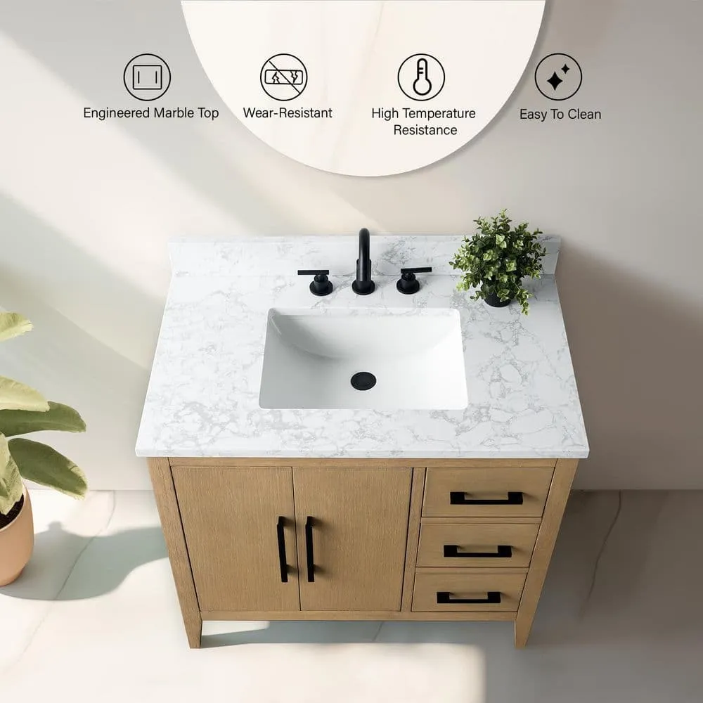 Vanity Art 36 in. W x 22 in. D x 34 in. H Single-Sink Bathroom Vanity in Natural Oak with Engineered Marble Top in Arabescato White, photo 5 of 9