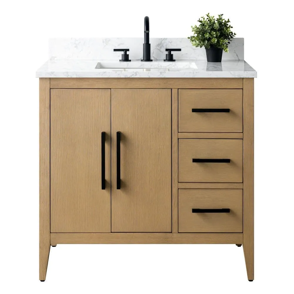 Vanity Art 36 in. W x 22 in. D x 34 in. H Single-Sink Bathroom Vanity in Natural Oak with Engineered Marble Top in Arabescato White, photo 6 of 9