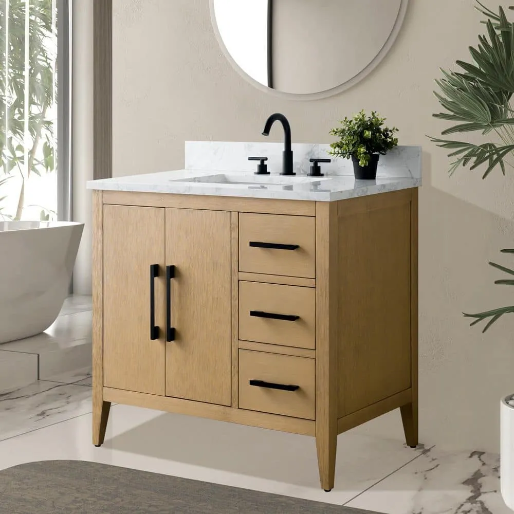Vanity Art 36 in. W x 22 in. D x 34 in. H Single-Sink Bathroom Vanity in Natural Oak with Engineered Marble Top in Arabescato White, photo 3 of 9