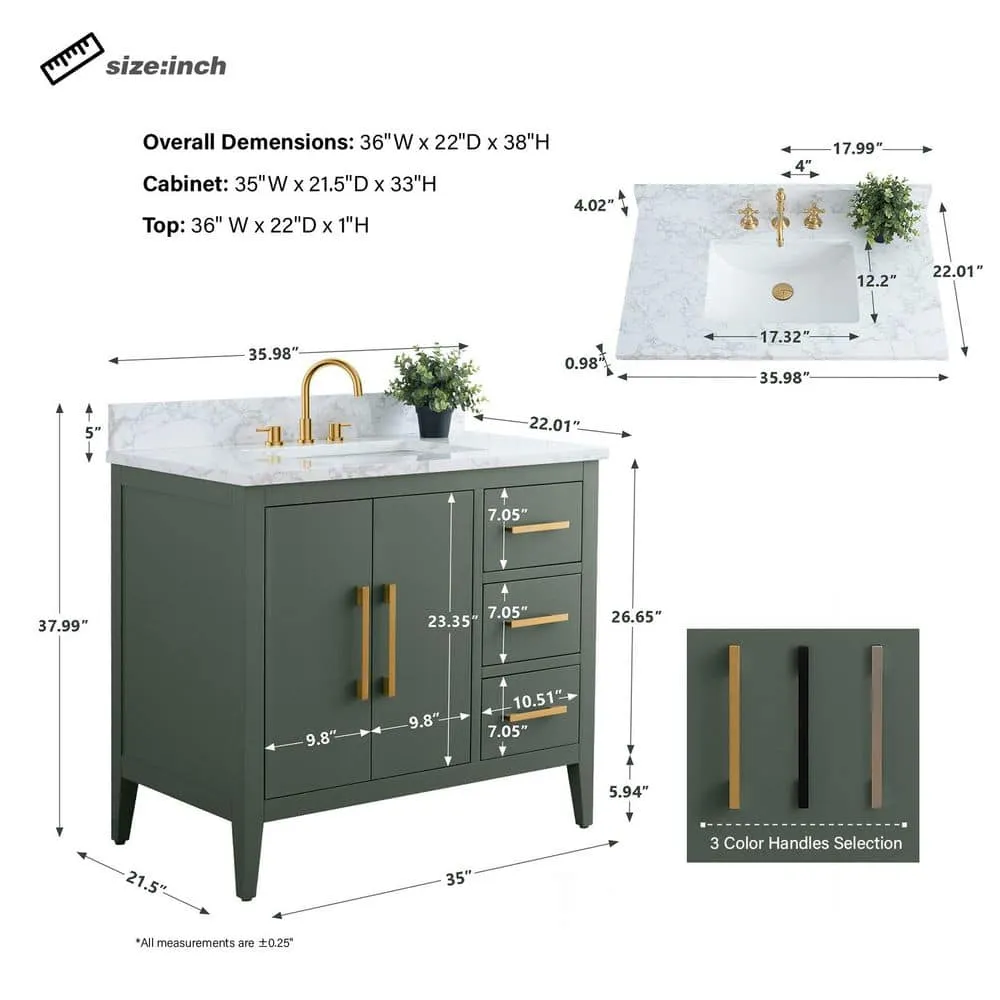Vanity Art 36 in. W x 22 in. D x 34 in. H Single Sink Bathroom Vanity Cabinet in Vintage Green with Engineered Marble Top in White, photo 8 of 9