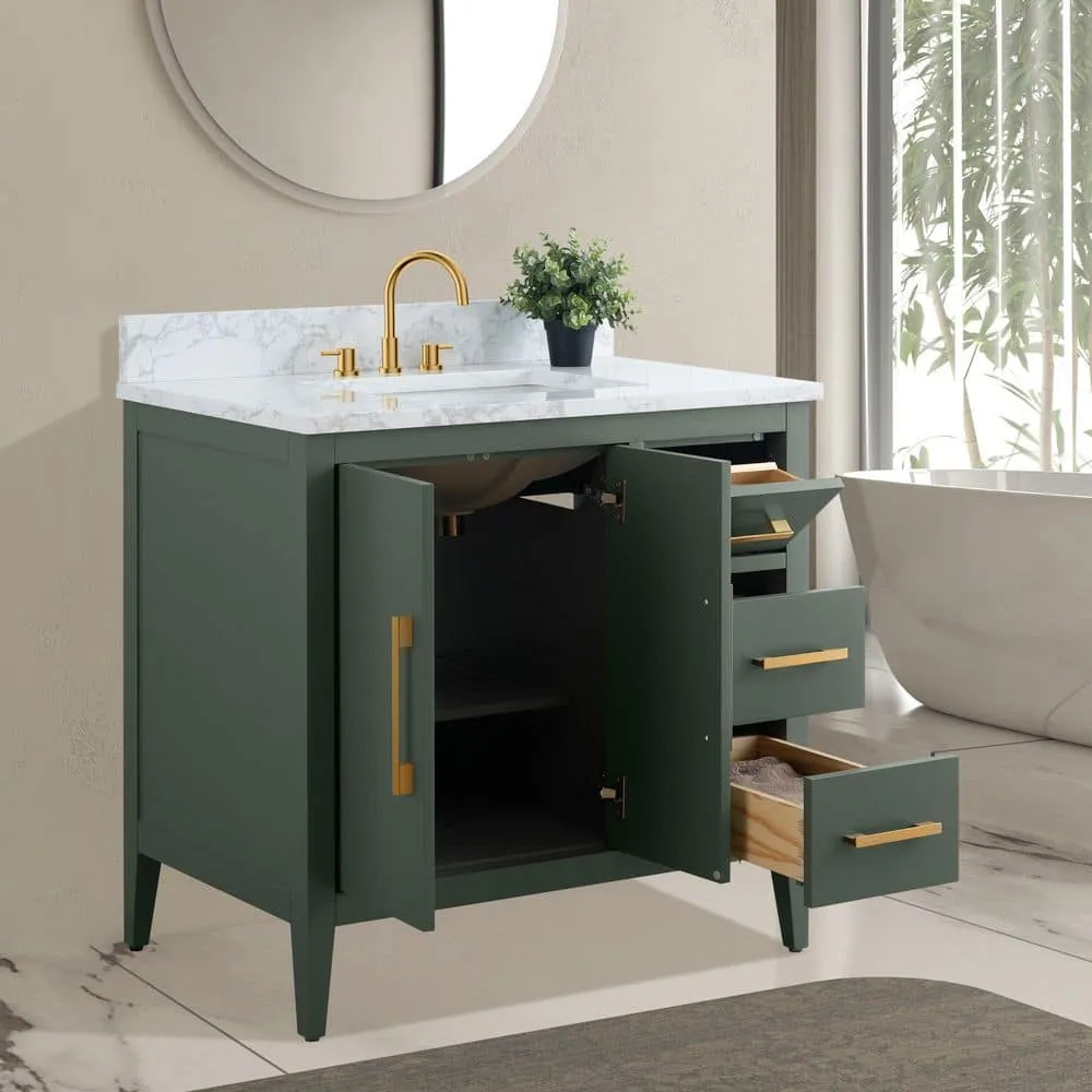 Vanity Art 36 in. W x 22 in. D x 34 in. H Single Sink Bathroom Vanity Cabinet in Vintage Green with Engineered Marble Top in White, photo 4 of 9