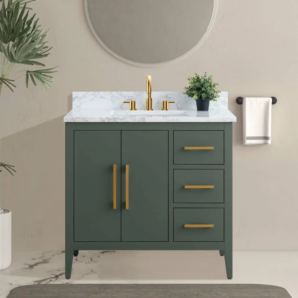 Vanity Art 36 in. W x 22 in. D x 34 in. H Single Sink Bathroom Vanity Cabinet in Vintage Green with Engineered Marble Top in White, photo 2 of 9