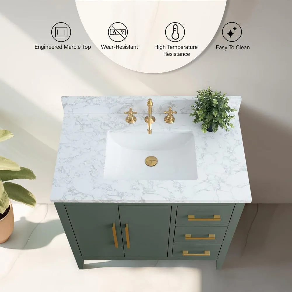 Vanity Art 36 in. W x 22 in. D x 34 in. H Single Sink Bathroom Vanity Cabinet in Vintage Green with Engineered Marble Top in White, photo 5 of 9