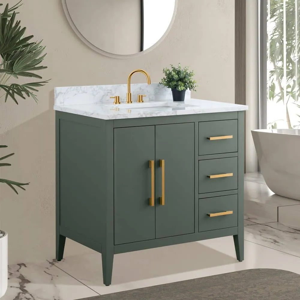 Vanity Art 36 in. W x 22 in. D x 34 in. H Single Sink Bathroom Vanity Cabinet in Vintage Green with Engineered Marble Top in White, photo 2 of 8
