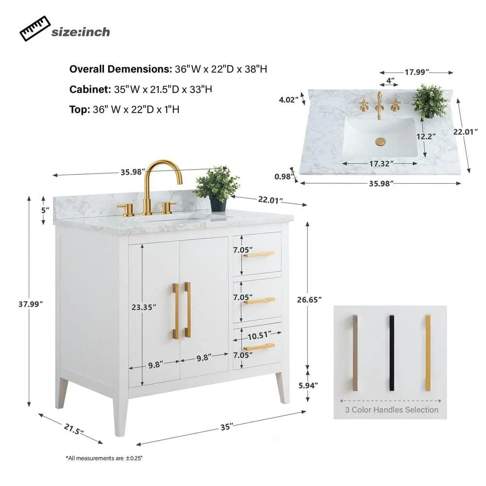 Vanity Art 36 in. W x 22 in. D x 34 in. H Single Sink Bathroom Vanity Cabinet in White with Engineered Marble Top in White, photo 7 of 9