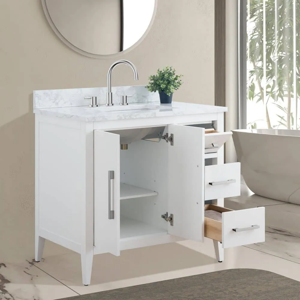 Vanity Art 36 in. W x 22 in. D x 34 in. H Single Sink Bathroom Vanity Cabinet in White with Engineered Marble Top in White, photo 4 of 9
