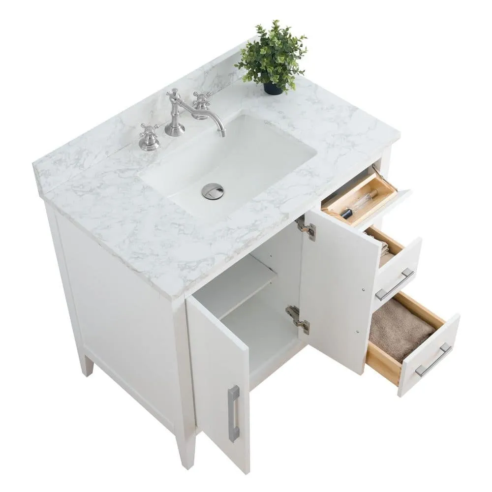 Vanity Art 36 in. W x 22 in. D x 34 in. H Single Sink Bathroom Vanity Cabinet in White with Engineered Marble Top (Arabescato White), photo 7 of 8