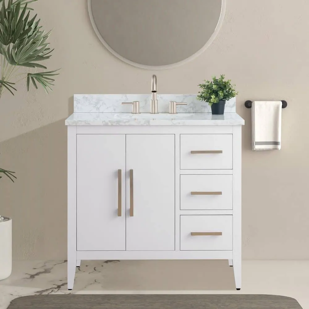 Vanity Art 36 in. W x 22 in. D x 34 in. H Single Sink Bathroom Vanity Cabinet in White with Engineered Marble Top in White, photo 2 of 9