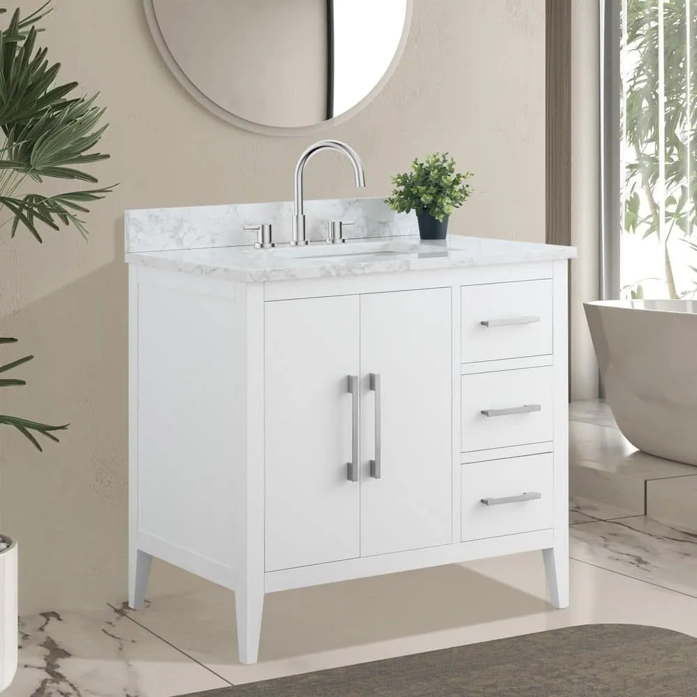 Vanity Art 36 in. W x 22 in. D x 34 in. H Single Sink Bathroom Vanity Cabinet in White with Engineered Marble Top in White, photo 3 of 9