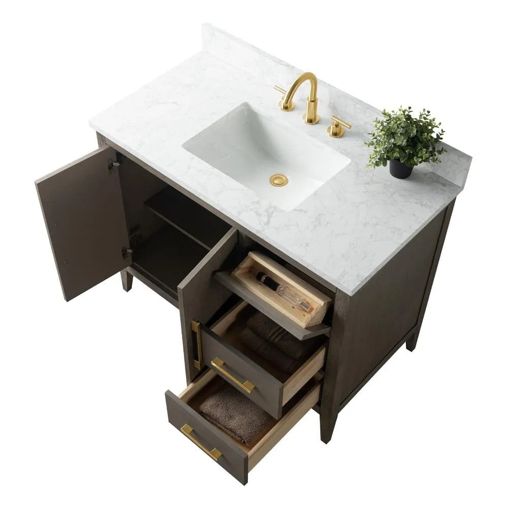 Vanity Art 42 in. W x 22 in. D x 34 in. H Single-Sink Bath Vanity in Driftwood Gray with Engineered Marble Top in Arabescato White, photo 7 of 9