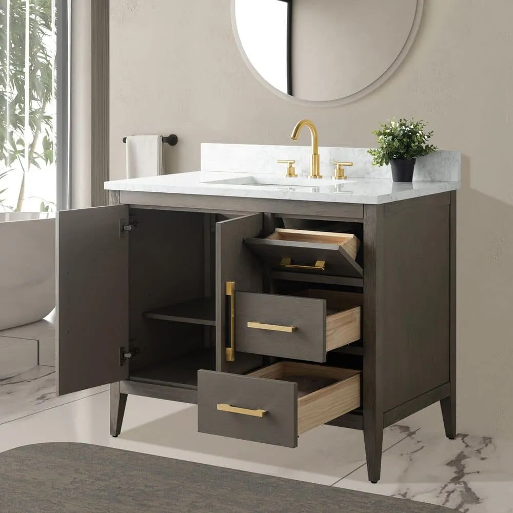 Vanity Art 42 in. W x 22 in. D x 34 in. H Single-Sink Bath Vanity in Driftwood Gray with Engineered Marble Top in Arabescato White, photo 4 of 9