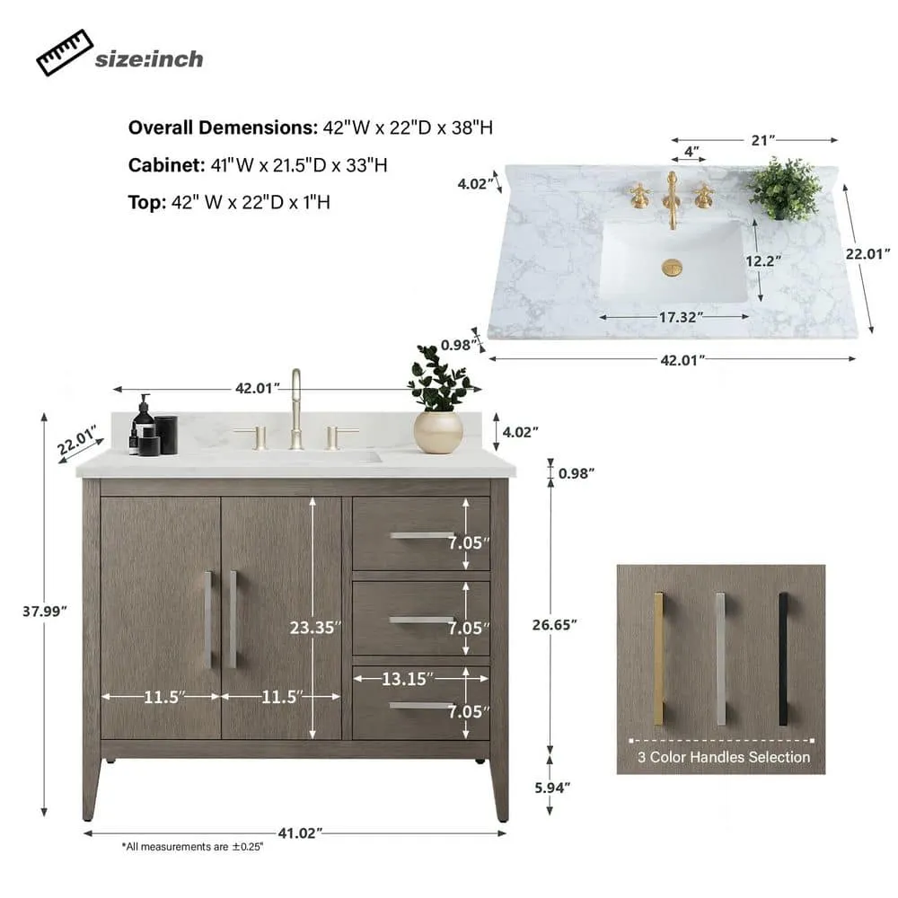 Vanity Art 42 in. W x 22 in. D x 34 in. H Single-Sink Bath Vanity in Driftwood Gray with Engineered Marble Top in Arabescato White, photo 6 of 9