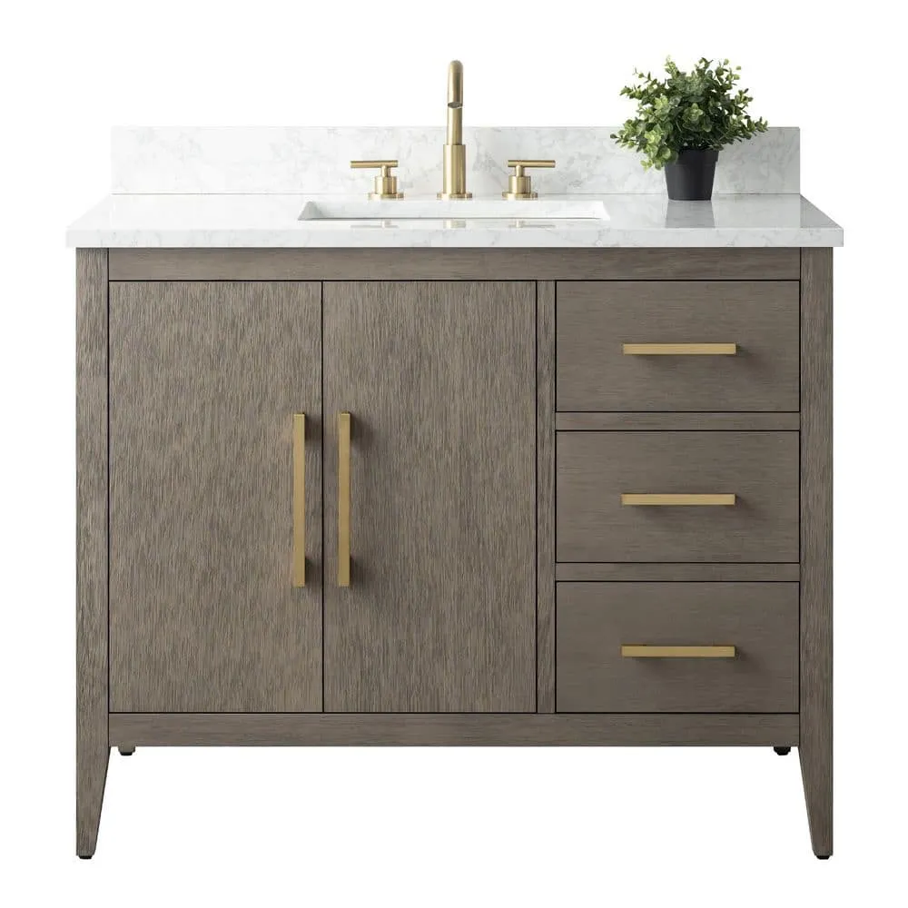 Vanity Art 42 in. W x 22 in. D x 34 in. H Single-Sink Bath Vanity in Driftwood Gray with Engineered Marble Top in Arabescato White, photo 5 of 9