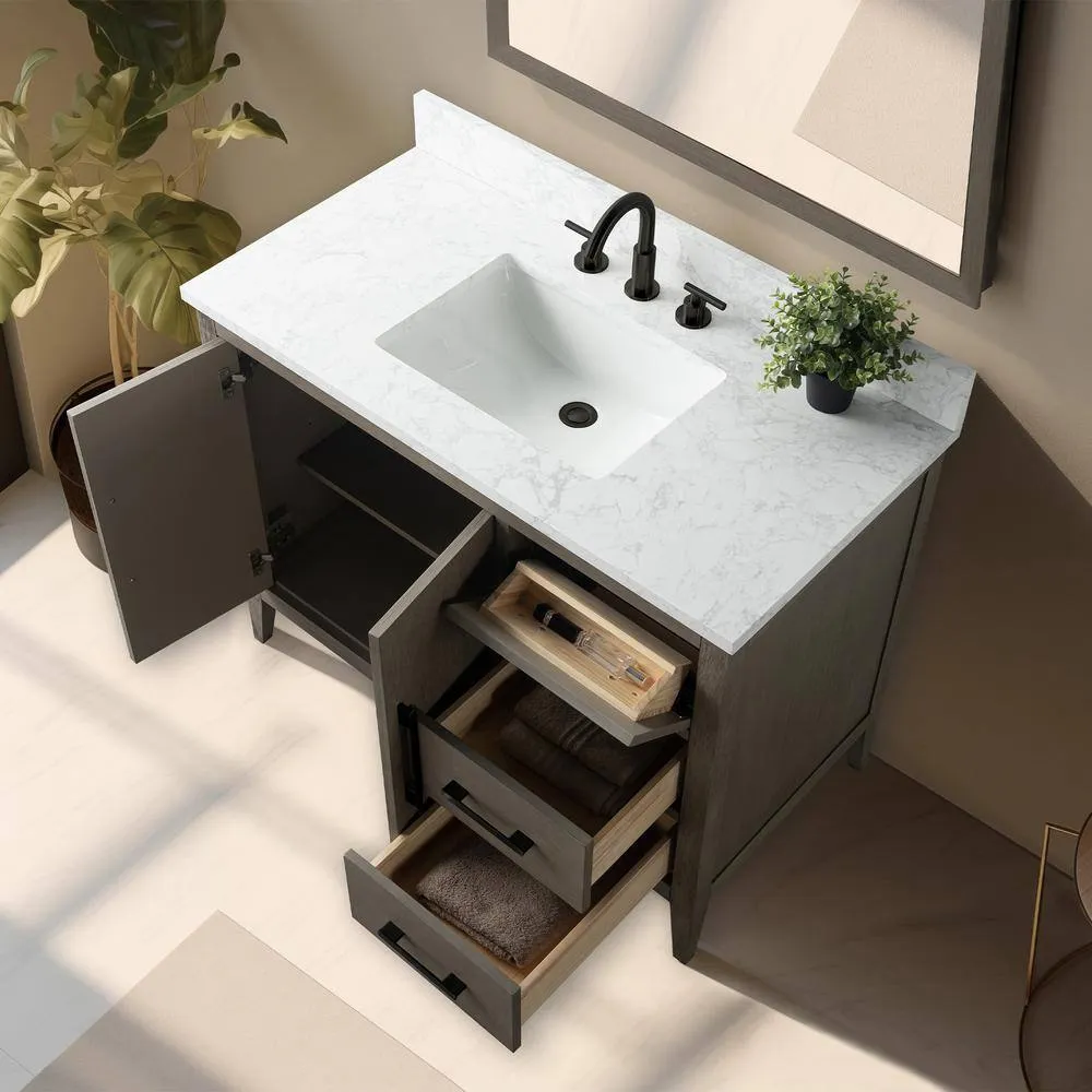 Vanity Art 42 in. W x 22 in. D x 34 in. H Single-Sink Bath Vanity in Driftwood Gray with Engineered Marble Top in Arabescato White, photo 10 of 14