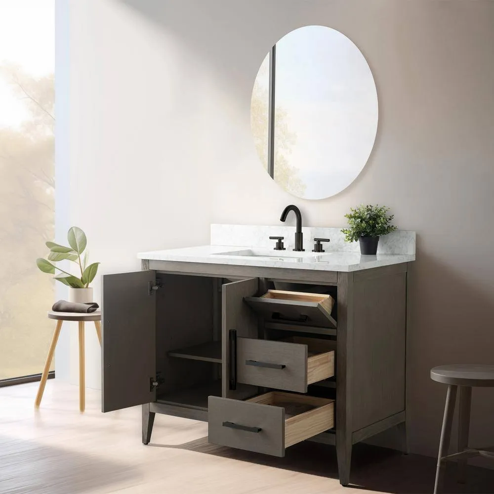 Vanity Art 42 in. W x 22 in. D x 34 in. H Single-Sink Bath Vanity in Driftwood Gray with Engineered Marble Top in Arabescato White, photo 9 of 14