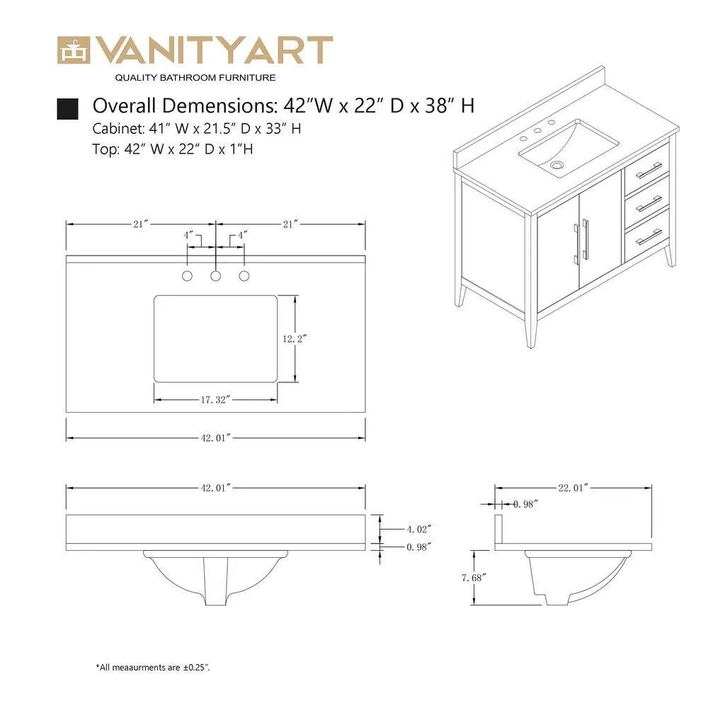 Vanity Art 42 in. W x 22 in. D x 34 in. H Single-Sink Bath Vanity in Driftwood Gray with Engineered Marble Top in Arabescato White, photo 13 of 14