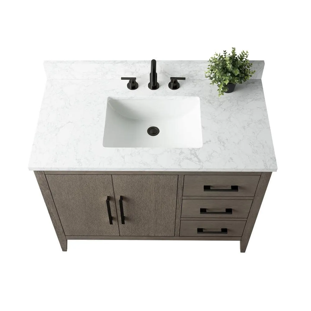 Vanity Art 42 in. W x 22 in. D x 34 in. H Single-Sink Bath Vanity in Driftwood Gray with Engineered Marble Top in Arabescato White, photo 4 of 14