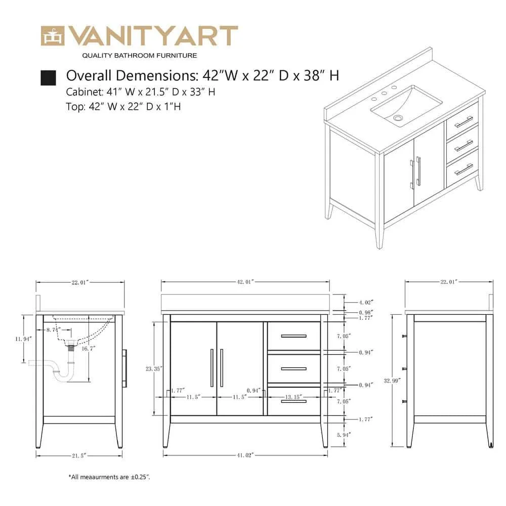 Vanity Art 42 in. W x 22 in. D x 34 in. H Single Sink Bathroom Vanity Cabinet in Cashmere Gray with Engineered Marble Top, photo 12 of 13