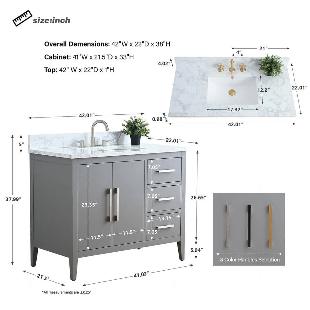 Vanity Art 42 in. W x 22 in. D x 34 in. H Single Sink Bathroom Vanity Cabinet in Cashmere Gray with Engineered Marble Top, photo 8 of 9
