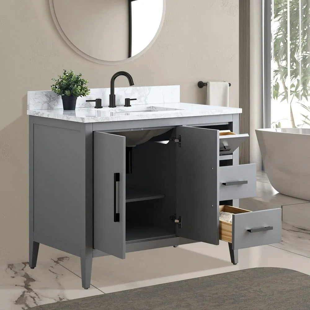 Vanity Art 42 in. W x 22 in. D x 34 in. H Single Sink Bathroom Vanity Cabinet in Cashmere Gray with Engineered Marble Top, photo 4 of 9