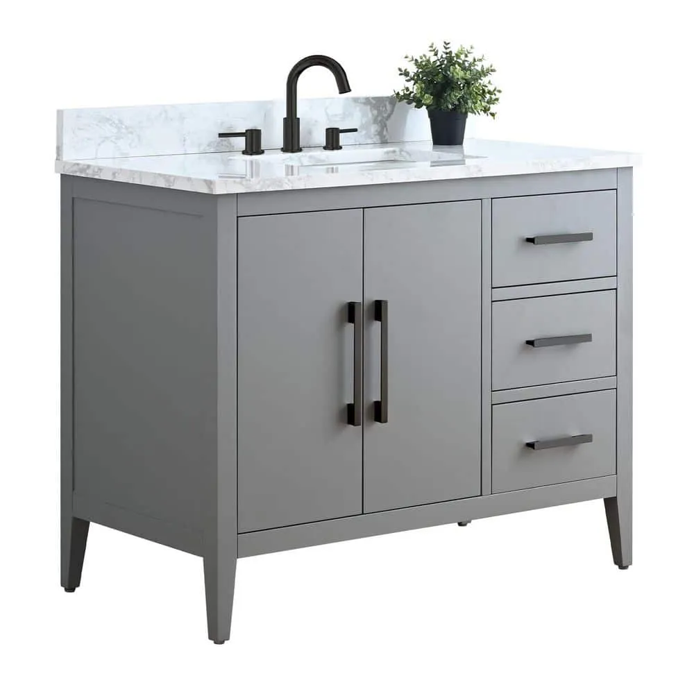 Vanity Art 42 in. W x 22 in. D x 34 in. H Single Sink Bathroom Vanity Cabinet in Cashmere Gray with Engineered Marble Top, photo 7 of 9