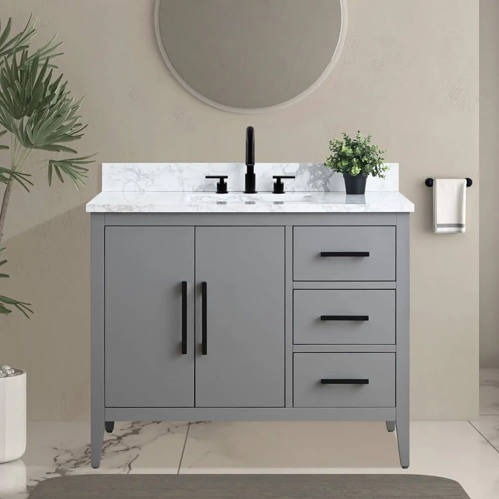 Vanity Art 42 in. W x 22 in. D x 34 in. H Single Sink Bathroom Vanity Cabinet in Cashmere Gray with Engineered Marble Top, photo 2 of 9
