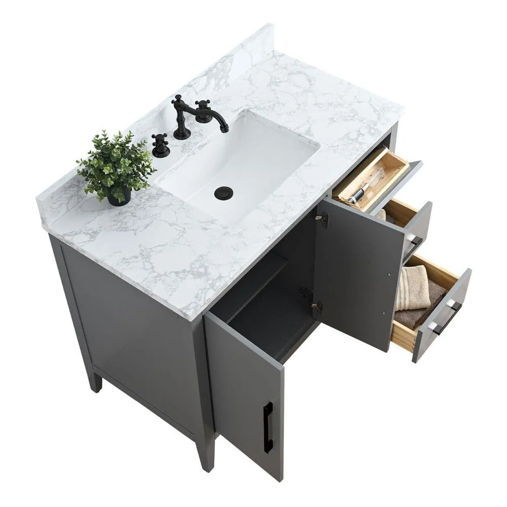 Vanity Art 42 in. W x 22 in. D x 34 in. H Single Sink Bathroom Vanity Cabinet in Cashmere Gray with Engineered Marble Top, photo 5 of 9