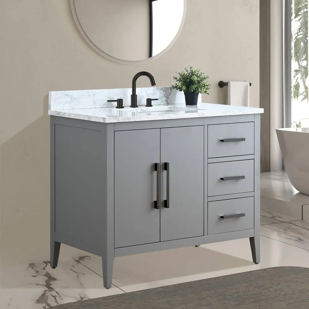 Vanity Art 42 in. W x 22 in. D x 34 in. H Single Sink Bathroom Vanity Cabinet in Cashmere Gray with Engineered Marble Top, photo 3 of 9