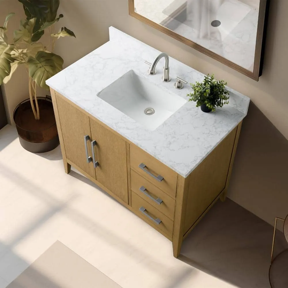 Vanity Art 42 in. W x 22 in. D x 34 in. H Single Sink Bathroom Vanity Cabinet in Natural Oak with Engineered Marble Top, photo 10 of 13