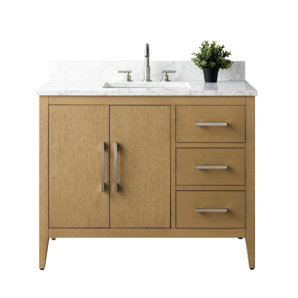 Vanity Art 42 in. W x 22 in. D x 34 in. H Single Sink Bathroom Vanity Cabinet in Natural Oak with Engineered Marble Top, photo 11 of 13