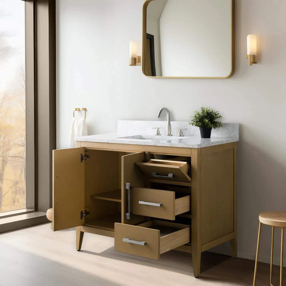 Vanity Art 42 in. W x 22 in. D x 34 in. H Single Sink Bathroom Vanity Cabinet in Natural Oak with Engineered Marble Top, photo 9 of 13