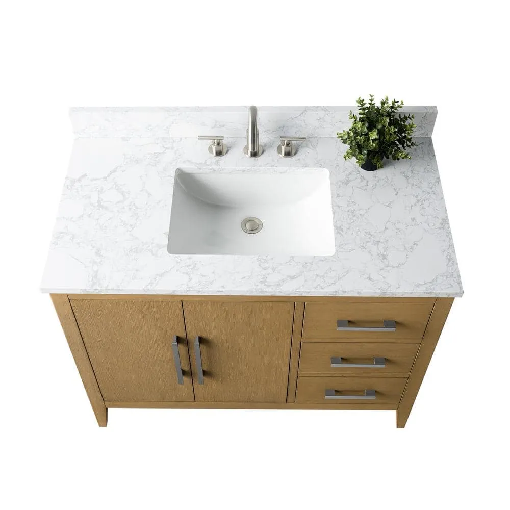 Vanity Art 42 in. W x 22 in. D x 34 in. H Single Sink Bathroom Vanity Cabinet in Natural Oak with Engineered Marble Top, photo 4 of 13