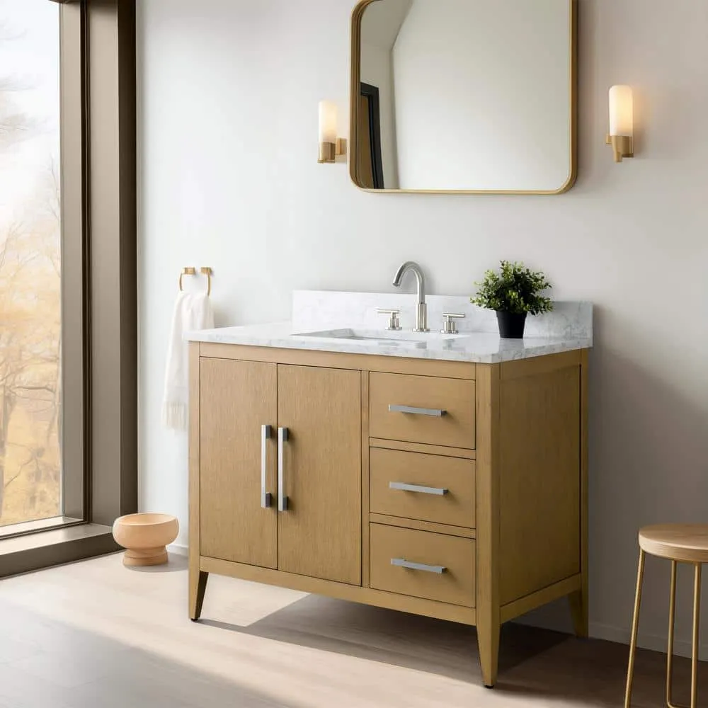 Vanity Art 42 in. W x 22 in. D x 34 in. H Single Sink Bathroom Vanity Cabinet in Natural Oak with Engineered Marble Top, photo 8 of 13