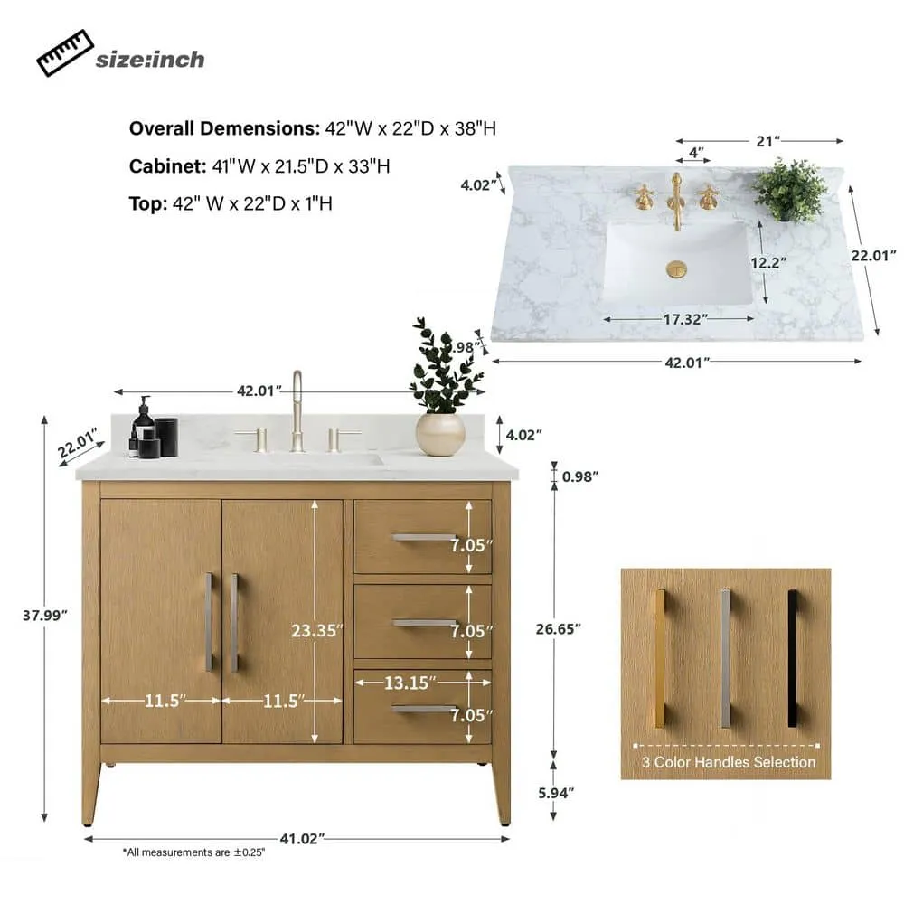 Vanity Art 42 in. W x 22 in. D x 34 in. H Single-Sink Bathroom Vanity in Natural Oak with Engineered Marble Top in Arabescato White, photo 8 of 9