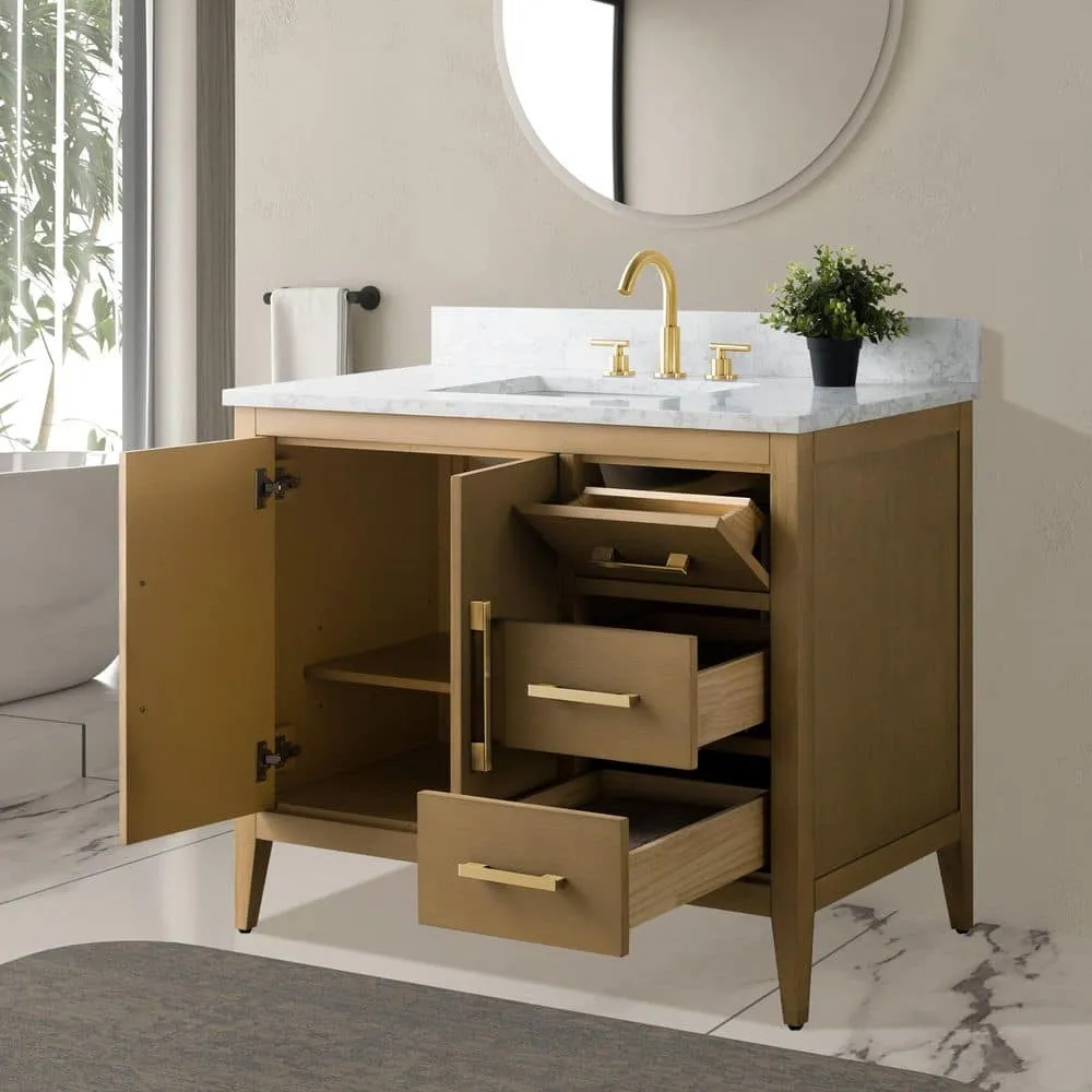 Vanity Art 42 in. W x 22 in. D x 34 in. H Single-Sink Bathroom Vanity in Natural Oak with Engineered Marble Top in Arabescato White, photo 4 of 9