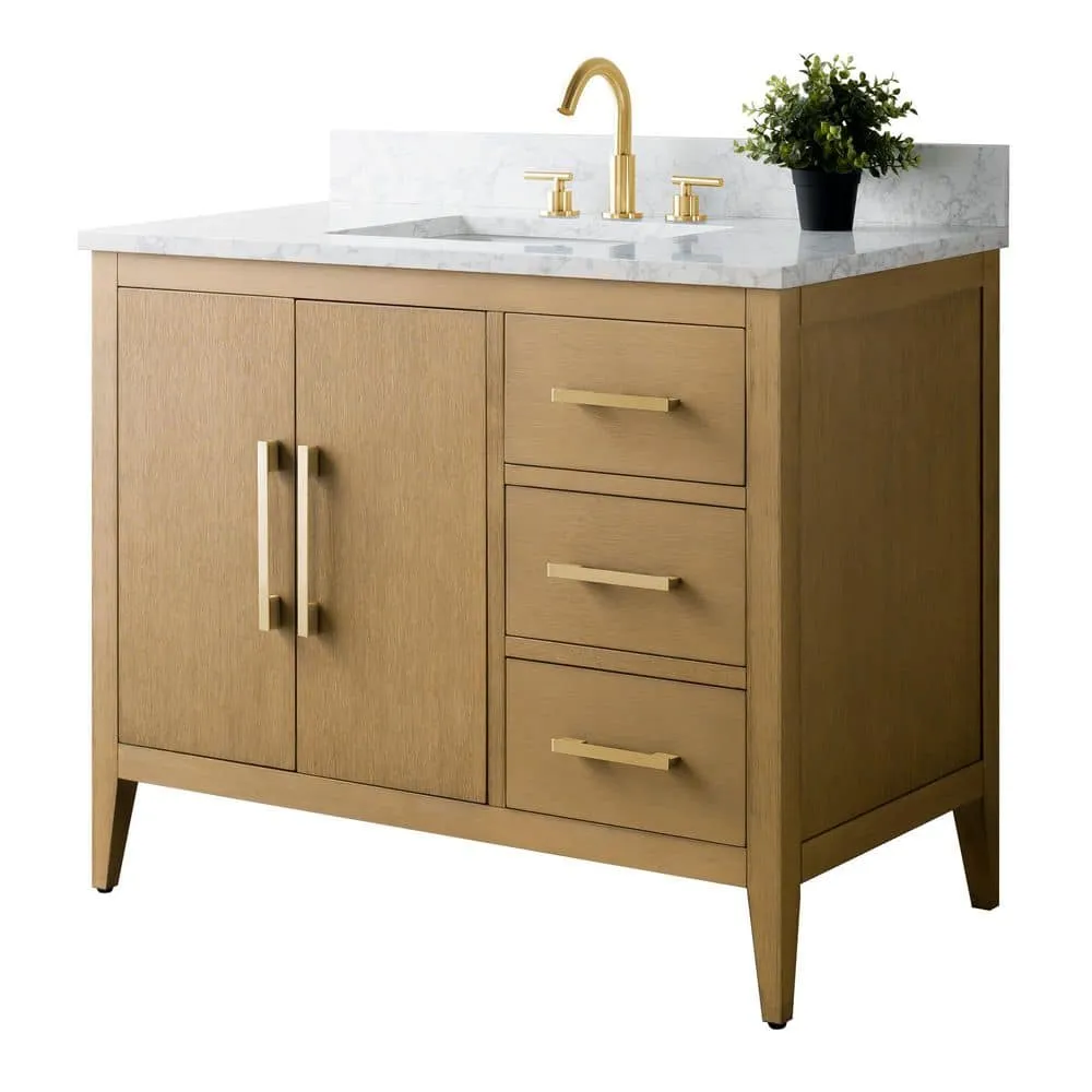 Vanity Art 42 in. W x 22 in. D x 34 in. H Single-Sink Bathroom Vanity in Natural Oak with Engineered Marble Top in Arabescato White, photo 7 of 9