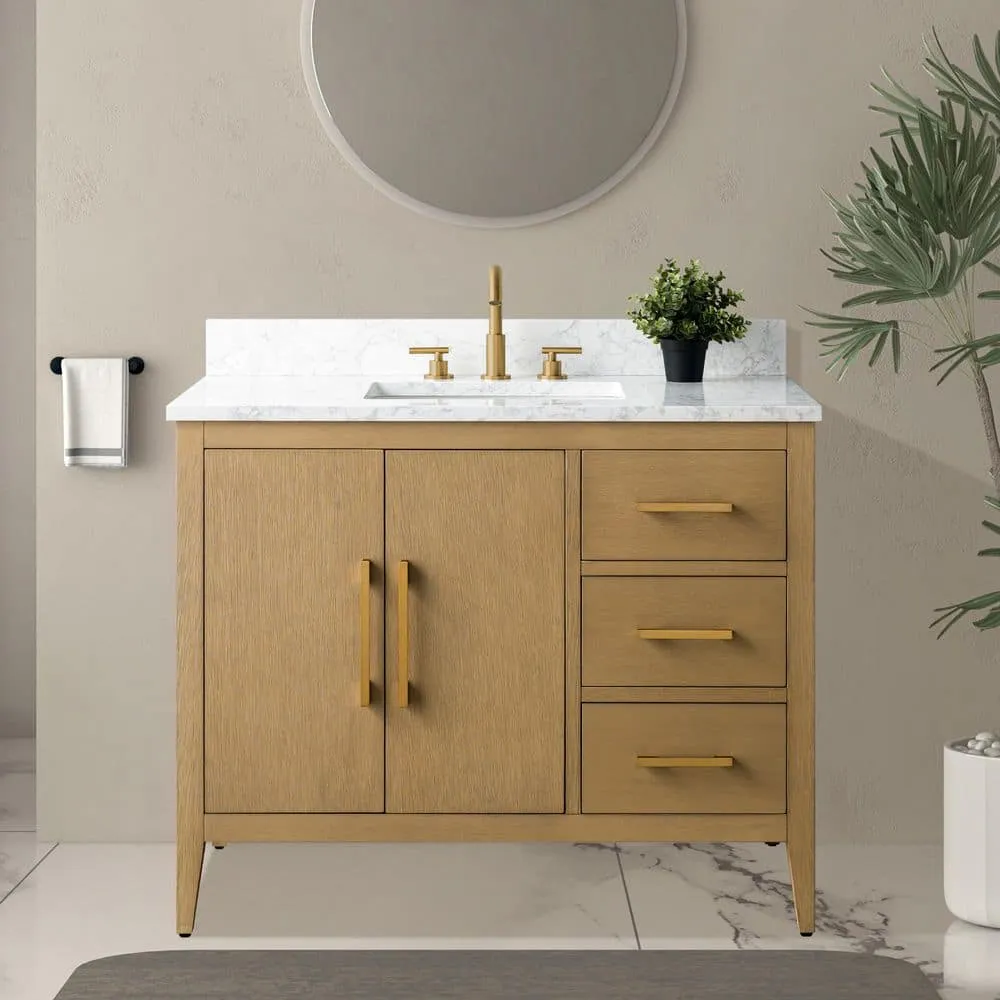 Vanity Art 42 in. W x 22 in. D x 34 in. H Single-Sink Bathroom Vanity in Natural Oak with Engineered Marble Top in Arabescato White, photo 2 of 9