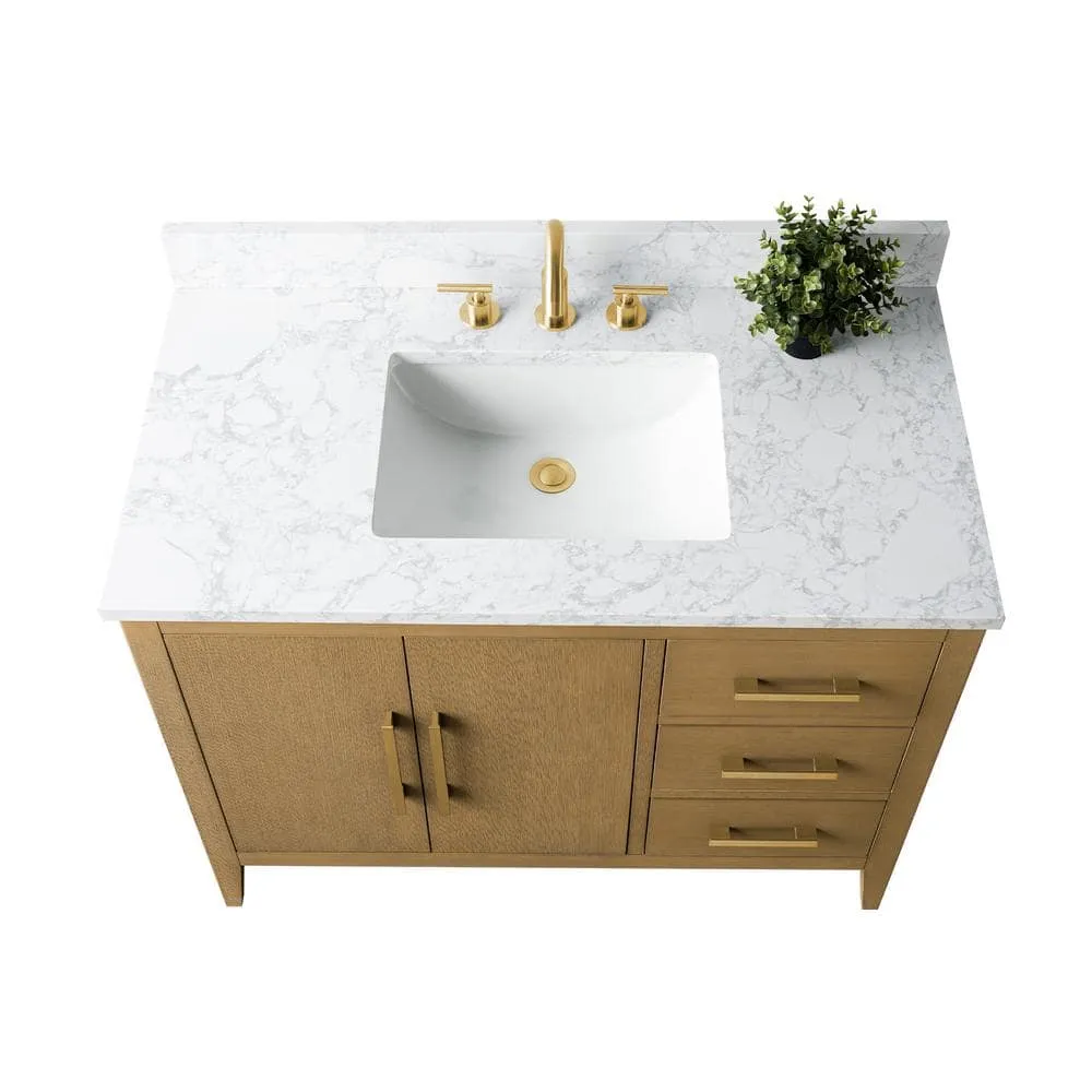 Vanity Art 42 in. W x 22 in. D x 34 in. H Single-Sink Bathroom Vanity in Natural Oak with Engineered Marble Top in Arabescato White, photo 5 of 9