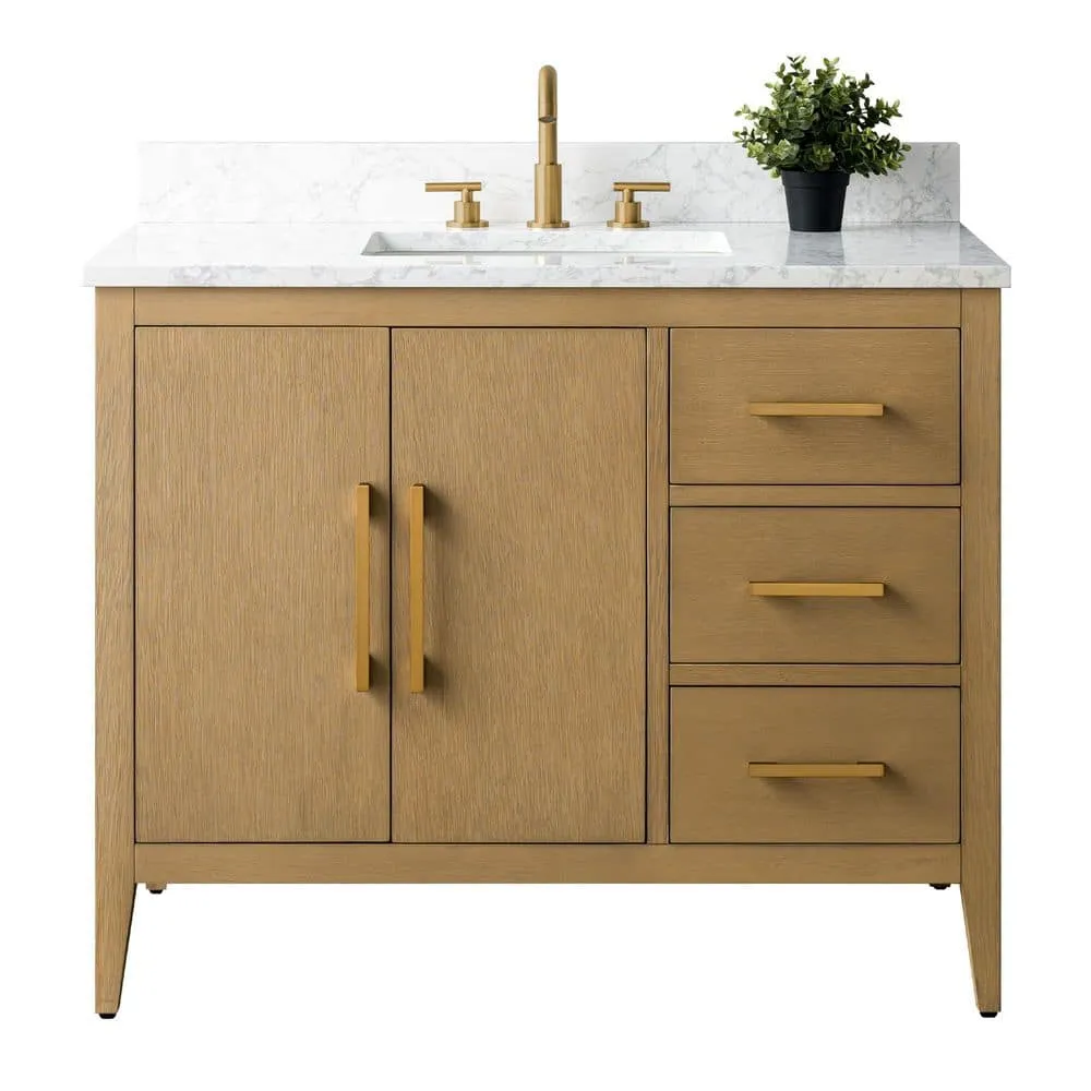 Vanity Art 42 in. W x 22 in. D x 34 in. H Single-Sink Bathroom Vanity in Natural Oak with Engineered Marble Top in Arabescato White, photo 6 of 9