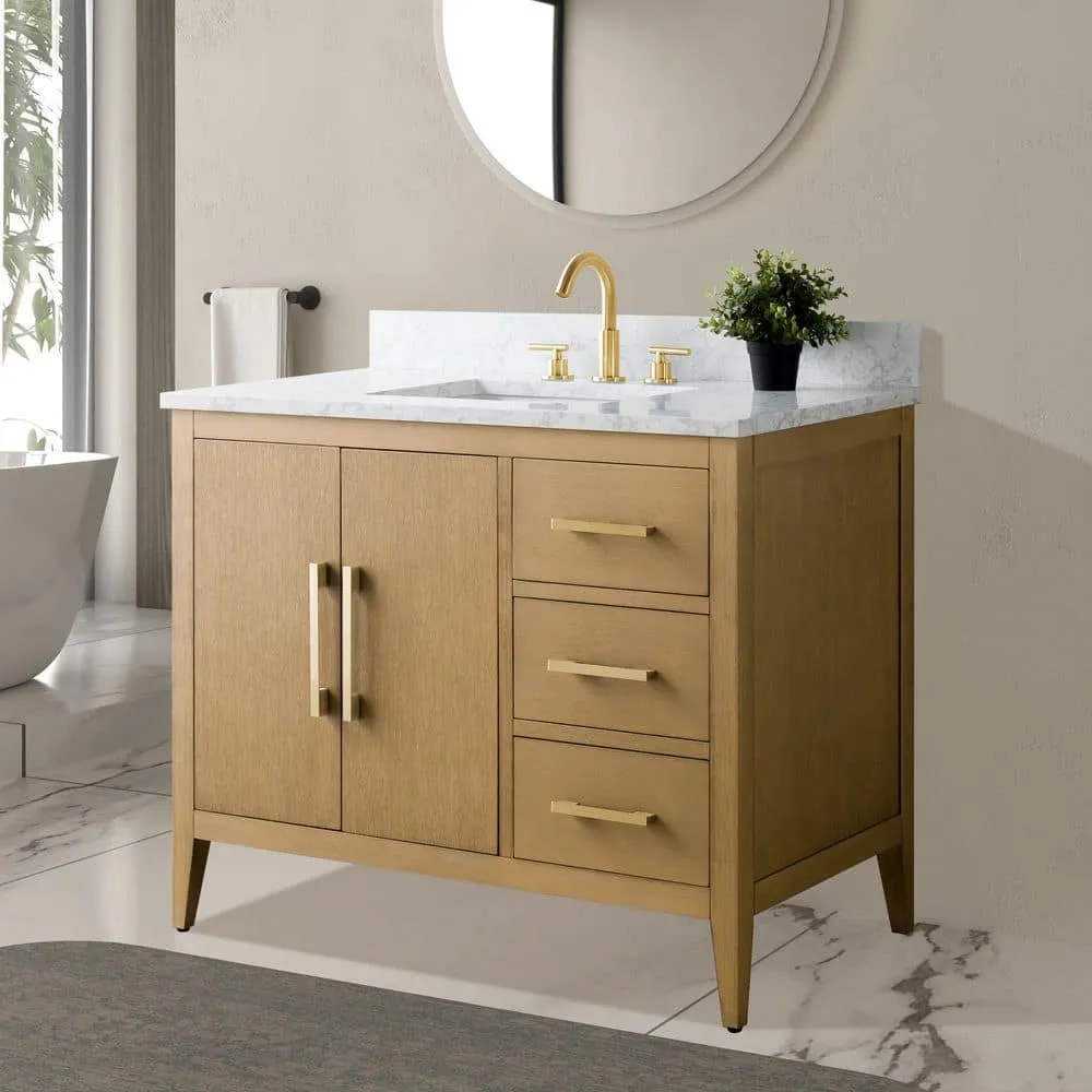 Vanity Art 42 in. W x 22 in. D x 34 in. H Single-Sink Bathroom Vanity in Natural Oak with Engineered Marble Top in Arabescato White, photo 3 of 9