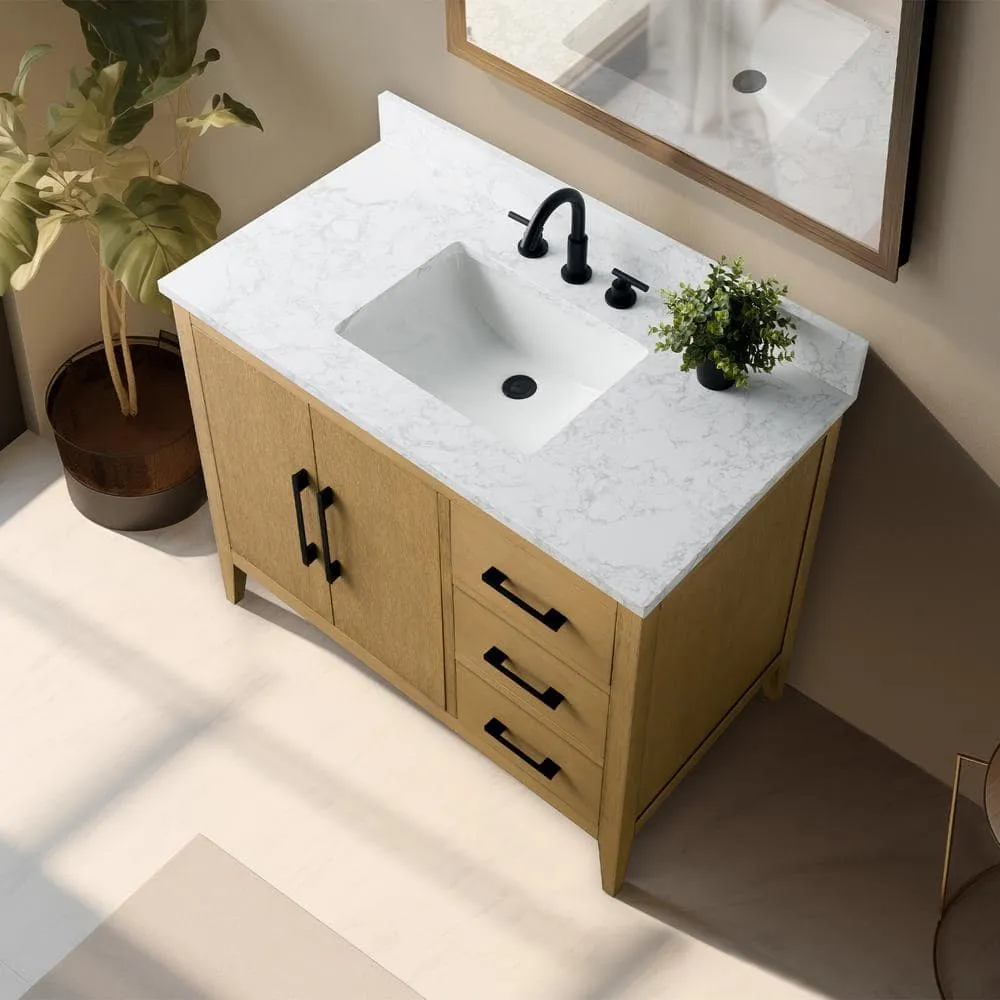 Vanity Art 42 in. W x 22 in. D x 34 in. H Single-Sink Bathroom Vanity in Natural Oak with Engineered Marble Top in Arabescato White, photo 9 of 13