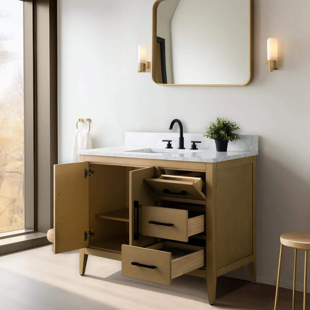 Vanity Art 42 in. W x 22 in. D x 34 in. H Single-Sink Bathroom Vanity in Natural Oak with Engineered Marble Top in Arabescato White, photo 8 of 13