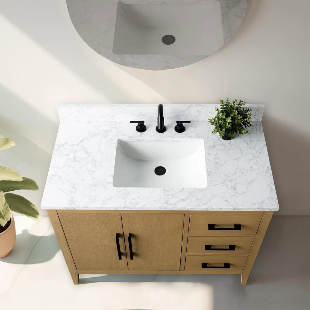Vanity Art 42 in. W x 22 in. D x 34 in. H Single-Sink Bathroom Vanity in Natural Oak with Engineered Marble Top in Arabescato White, photo 3 of 13