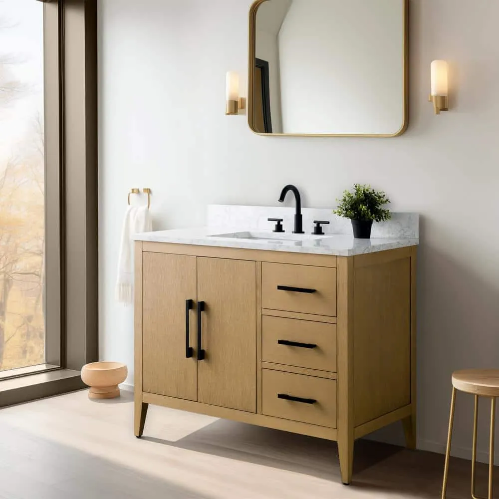 Vanity Art 42 in. W x 22 in. D x 34 in. H Single-Sink Bathroom Vanity in Natural Oak with Engineered Marble Top in Arabescato White, photo 7 of 13