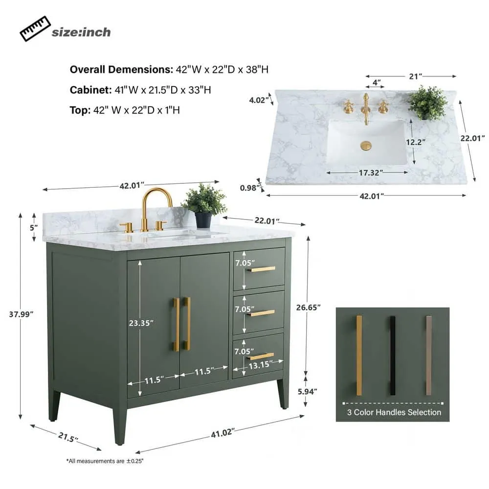Vanity Art 42 in. W x 22 in. D x 34 in. H Single Sink Bathroom Vanity Cabinet in Vintage Green with Engineered Marble Top, photo 8 of 9