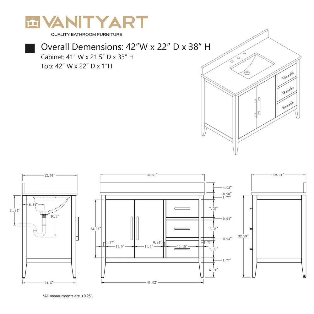 Vanity Art 42 in. W x 22 in. D x 34 in. H Single Sink Bathroom Vanity Cabinet in Vintage Green with Engineered Marble Top, photo 10 of 12